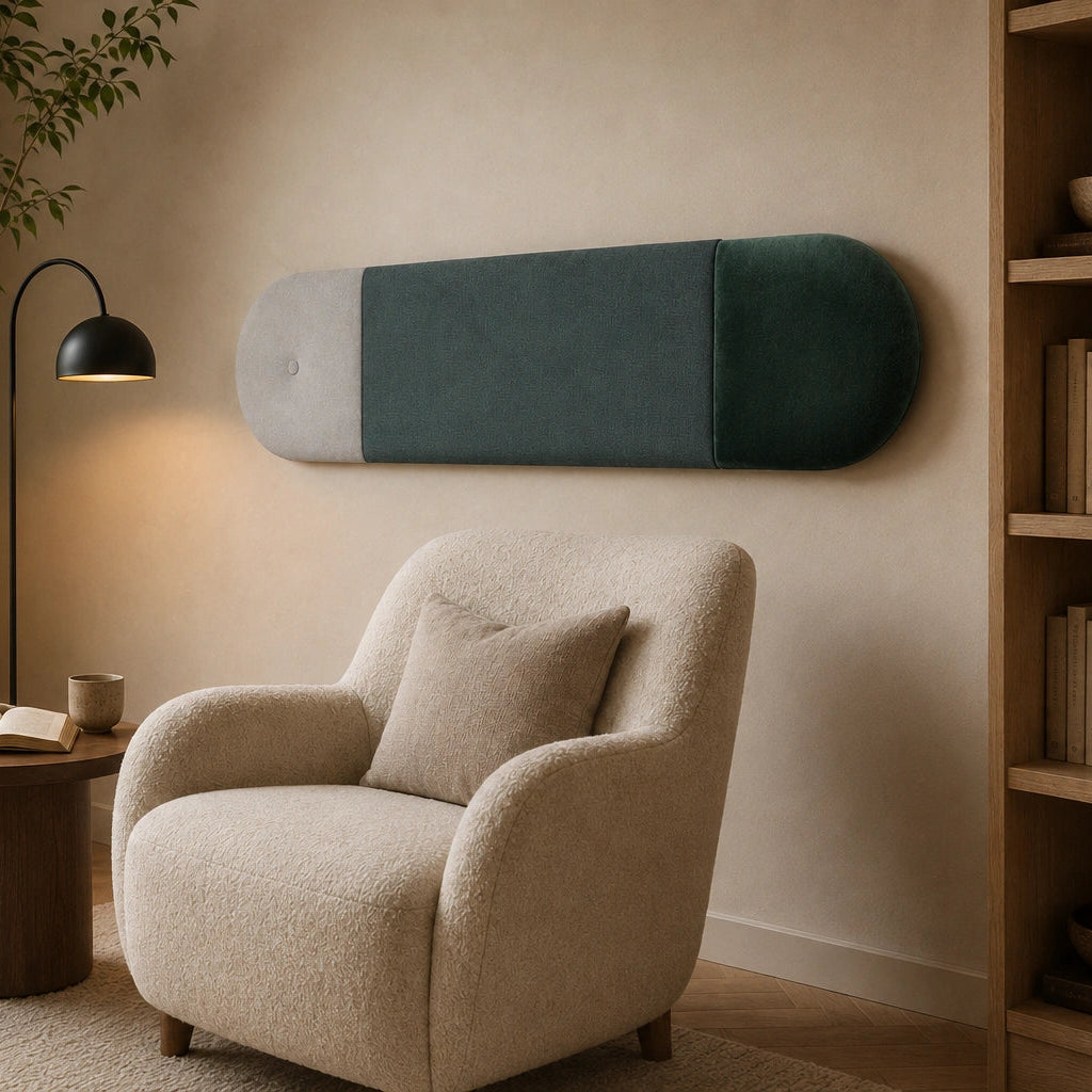 Angled view of a green upholstered wall panel with rounded ends and visible fabric joints, mounted above a cream armchair in a warm, neutral interior