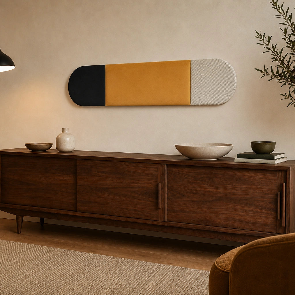 Angled view of a rounded black, mustard and cream wall panel mounted above a wooden sideboard in an elegant neutral interior