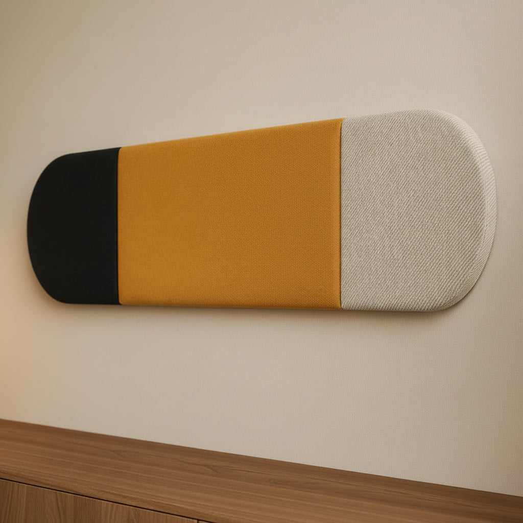Close-up angled view of a three-section upholstered wall panel, highlighting its black and mustard fabrics, textured cream end, rounded shape and vertical seams