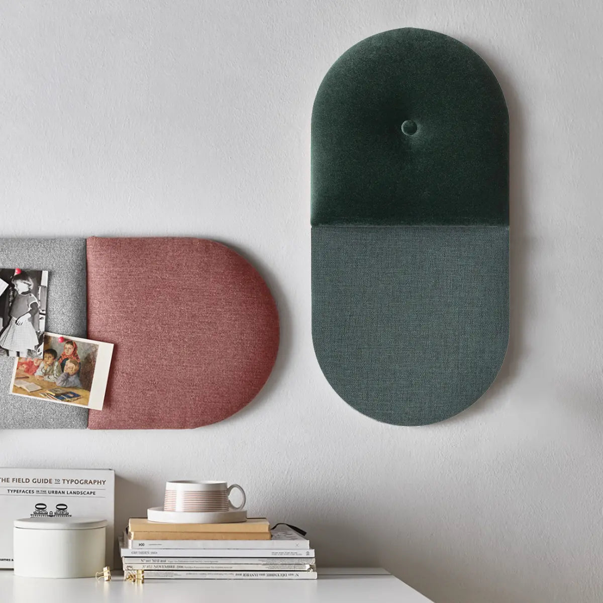 Padded Wall Panels Set 5 Green above desk on beige wall Decormania UK