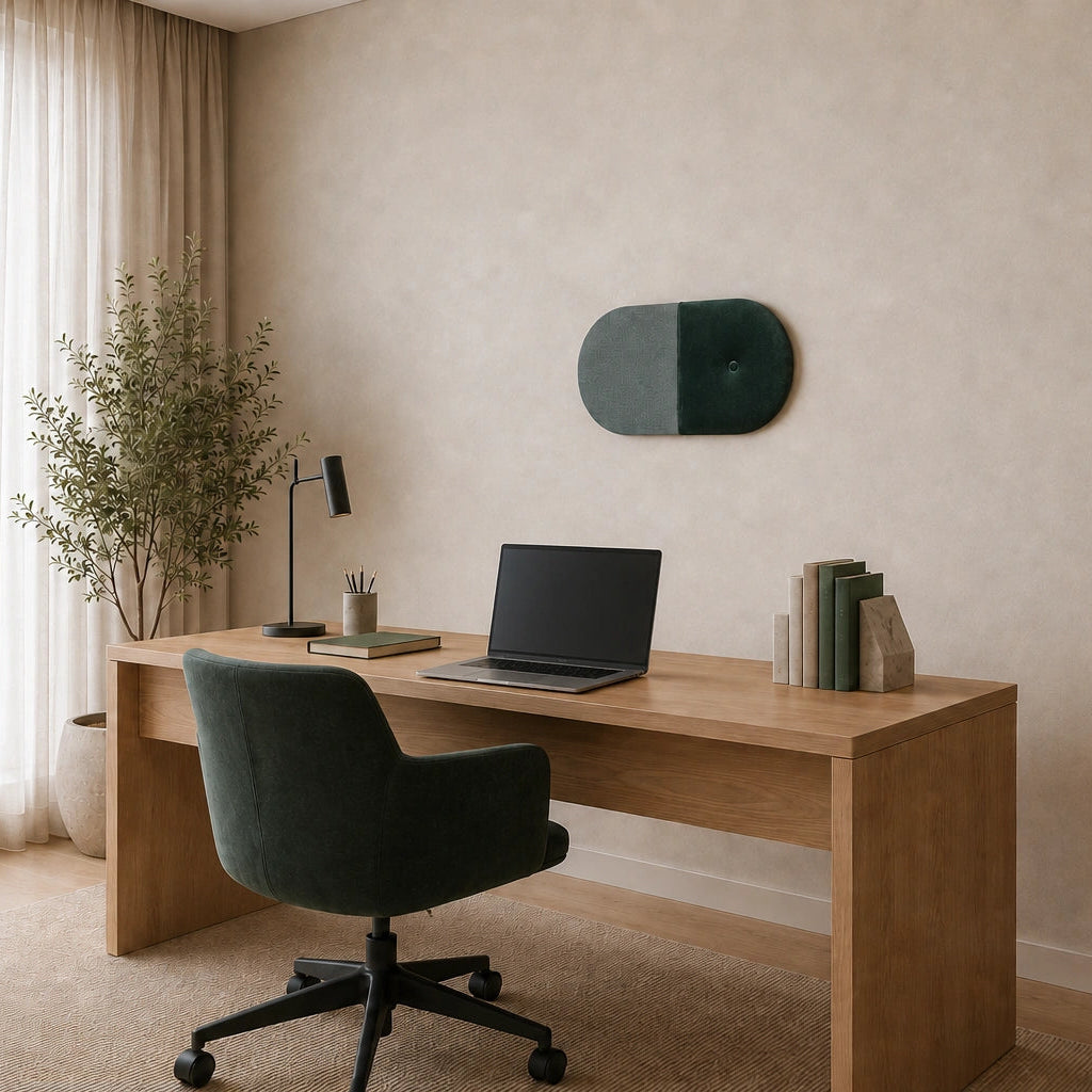 ngled view of a rounded green wall panel mounted above a wooden desk, featuring contrasting fabric textures and a decorative button detail