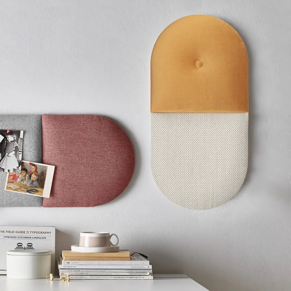 Padded Wall Panels Set 5 Mustard above desk on beige wall Decormania UK