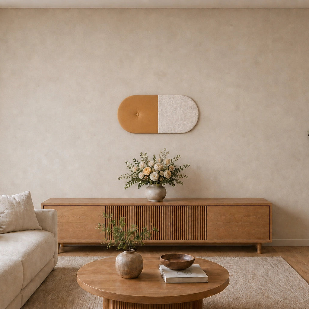 Front view of a two-section mustard and cream upholstered wall panel displayed above a wooden sideboard in a warm, neutral living room