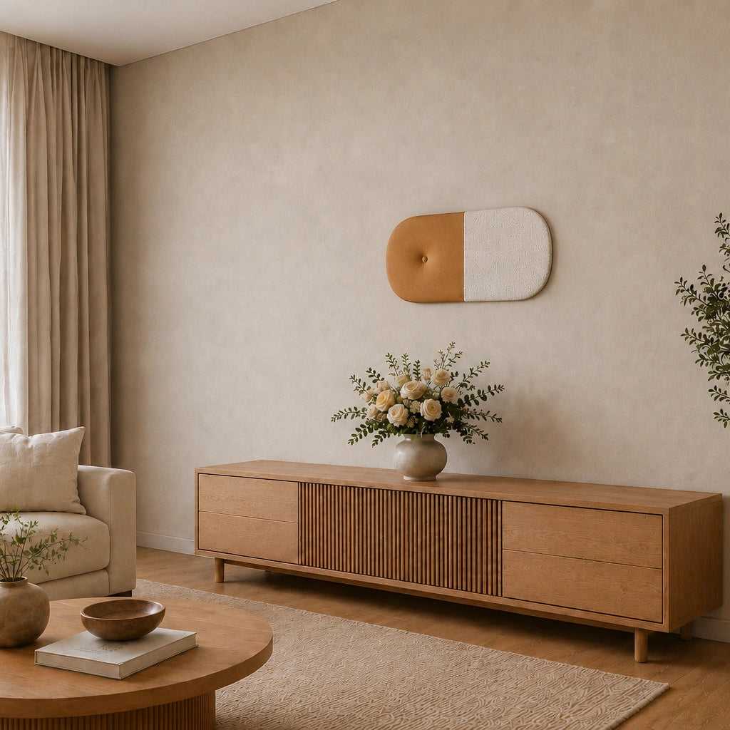 Angled view of a rounded mustard and cream wall panel with a button detail, mounted above a wooden sideboard in a cosy living room