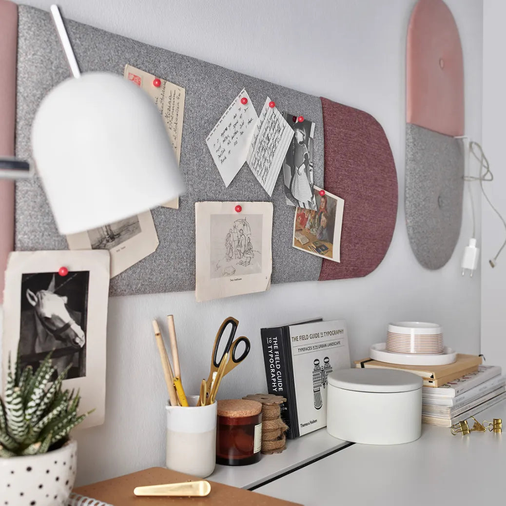 Padded Wall Panels Set 5 Pink above desk with clutter Decormania UK