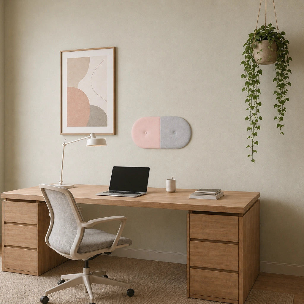 Angled view of a rounded pink and light grey wall panel with two button details, mounted above a wooden home-office desk