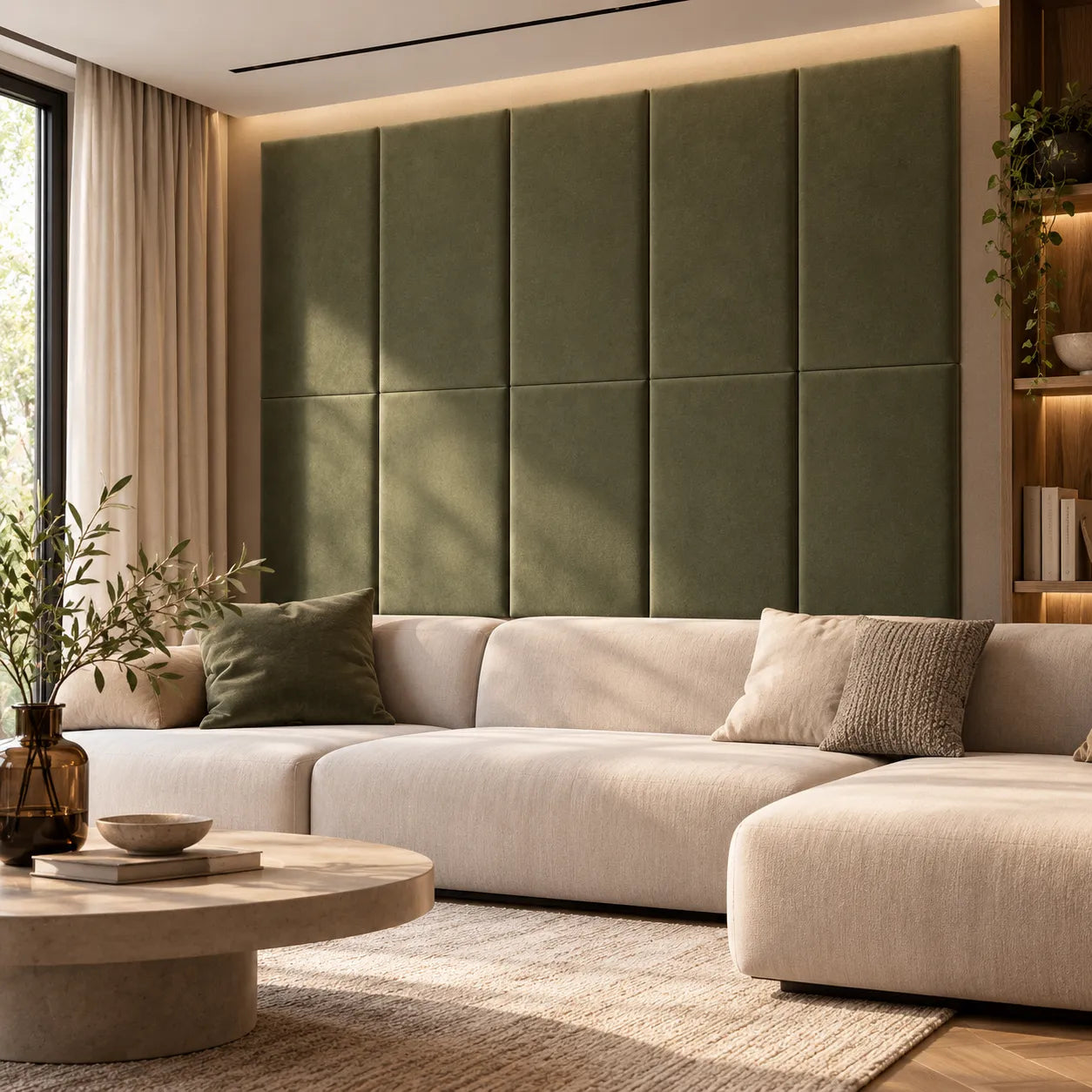 Olive green bespoke upholstered wall panels in a modern living room