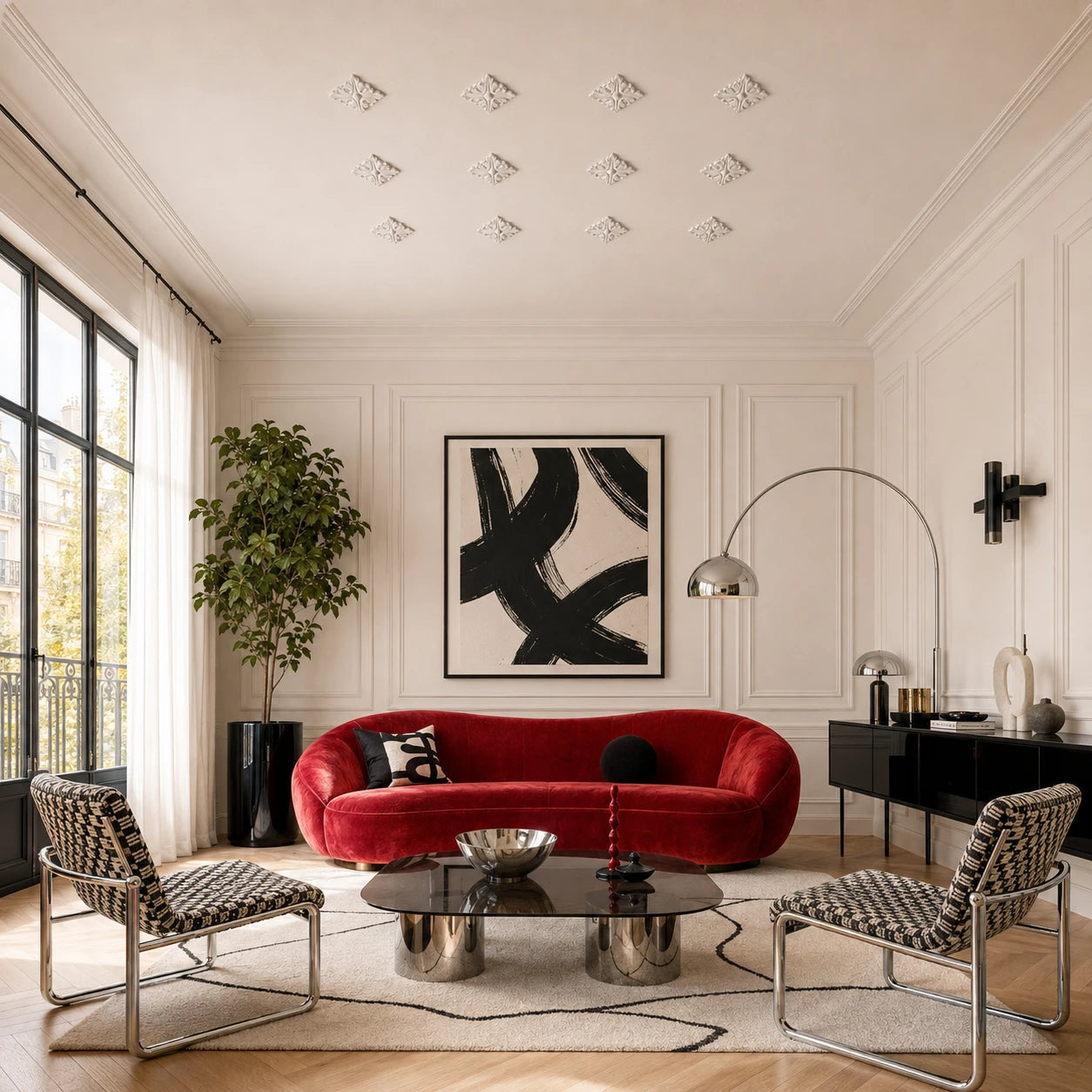 Decorative white ceiling ornaments arranged in a geometric pattern in a modern living room
