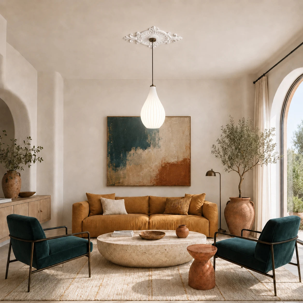 Ornate ceiling rose with pendant light in a modern living room
