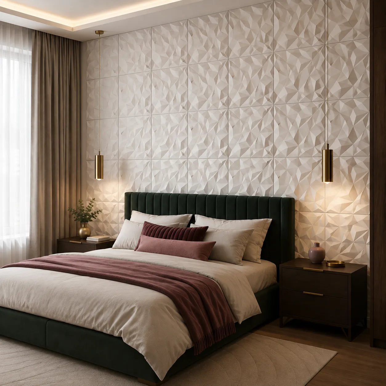 Angled view of white Rhinestone 50 × 50 cm gypsum 3D wall panels behind a green upholstered bed