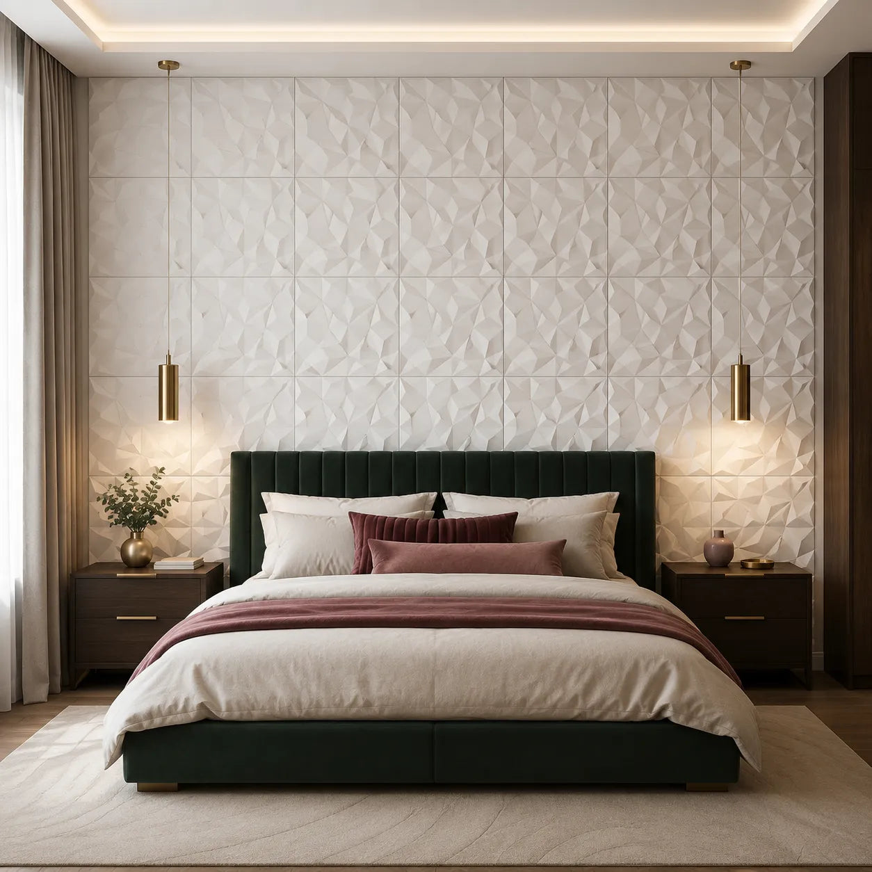 White Rhinestone gypsum 3D wall panels with a faceted geometric pattern in an elegant modern bedroom