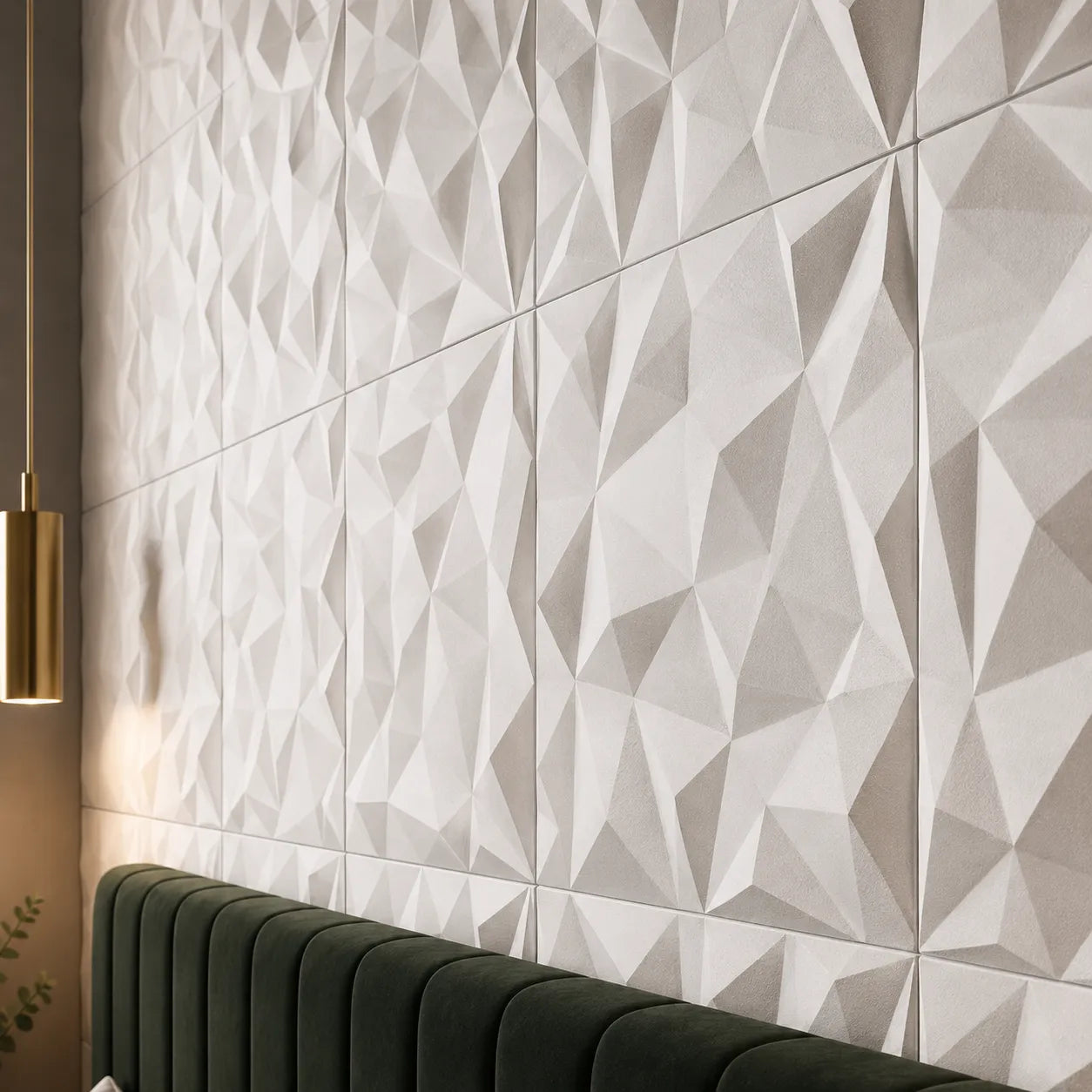 Close-up of white Rhinestone gypsum 3D wall panels showing the angular faceted relief and textured finish
