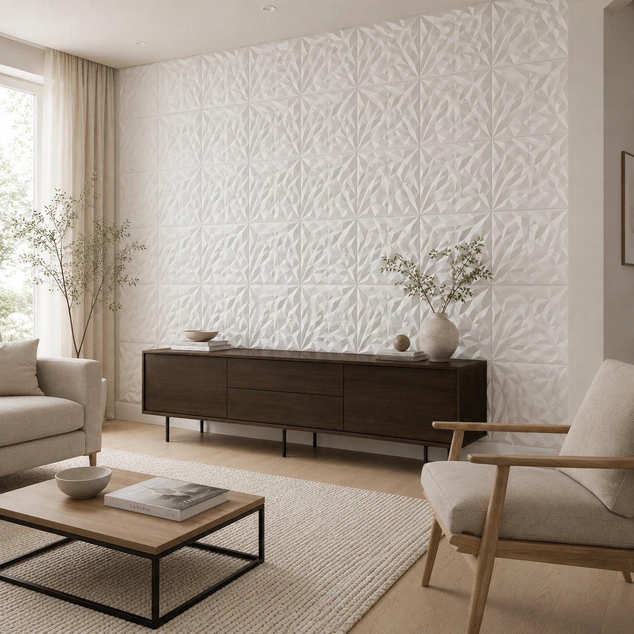 Angled view of the same Scandinavian living room, featuring a beige sofa, wooden armchair, minimalist coffee table, dark sideboard, and regularly arranged white geometric wall panels
