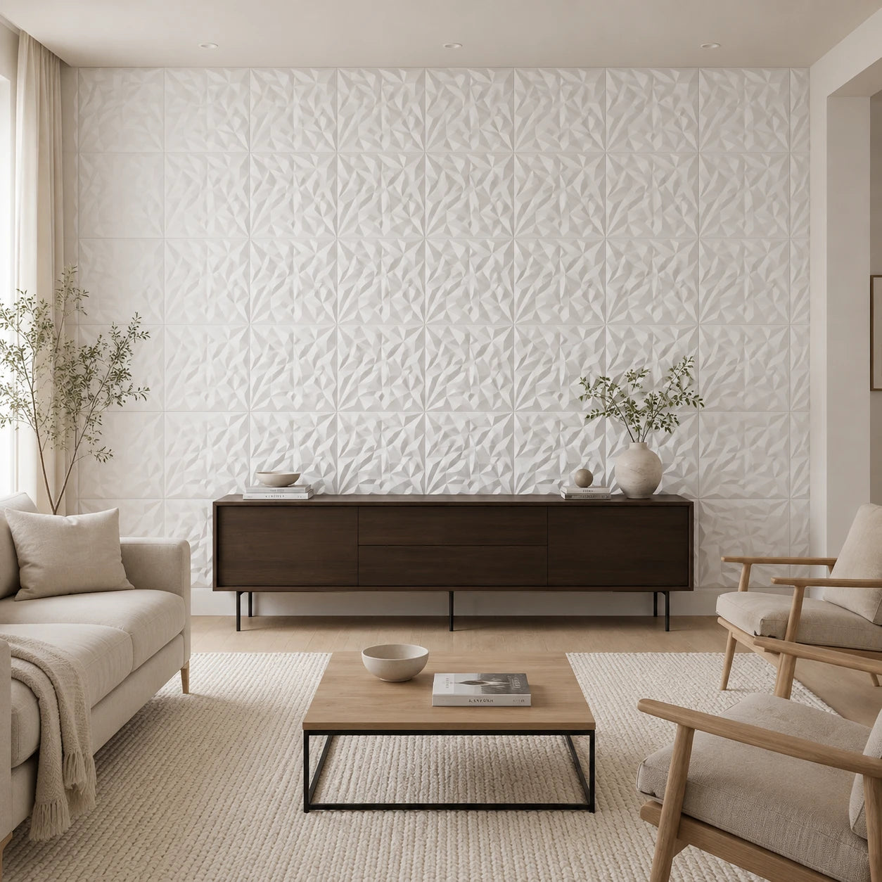 Front view of a Scandinavian-style living room with neutral furniture, a dark wood sideboard, light wood flooring, and a full wall covered with white 50 × 50 cm geometric 3D panels