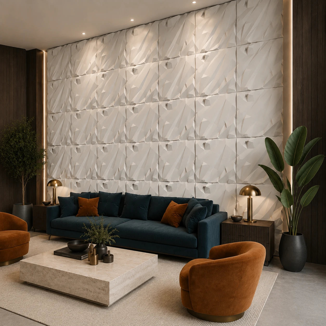 Angled view of white Rushed Rock 50 × 50 cm gypsum 3D wall panels behind a dark blue sofa