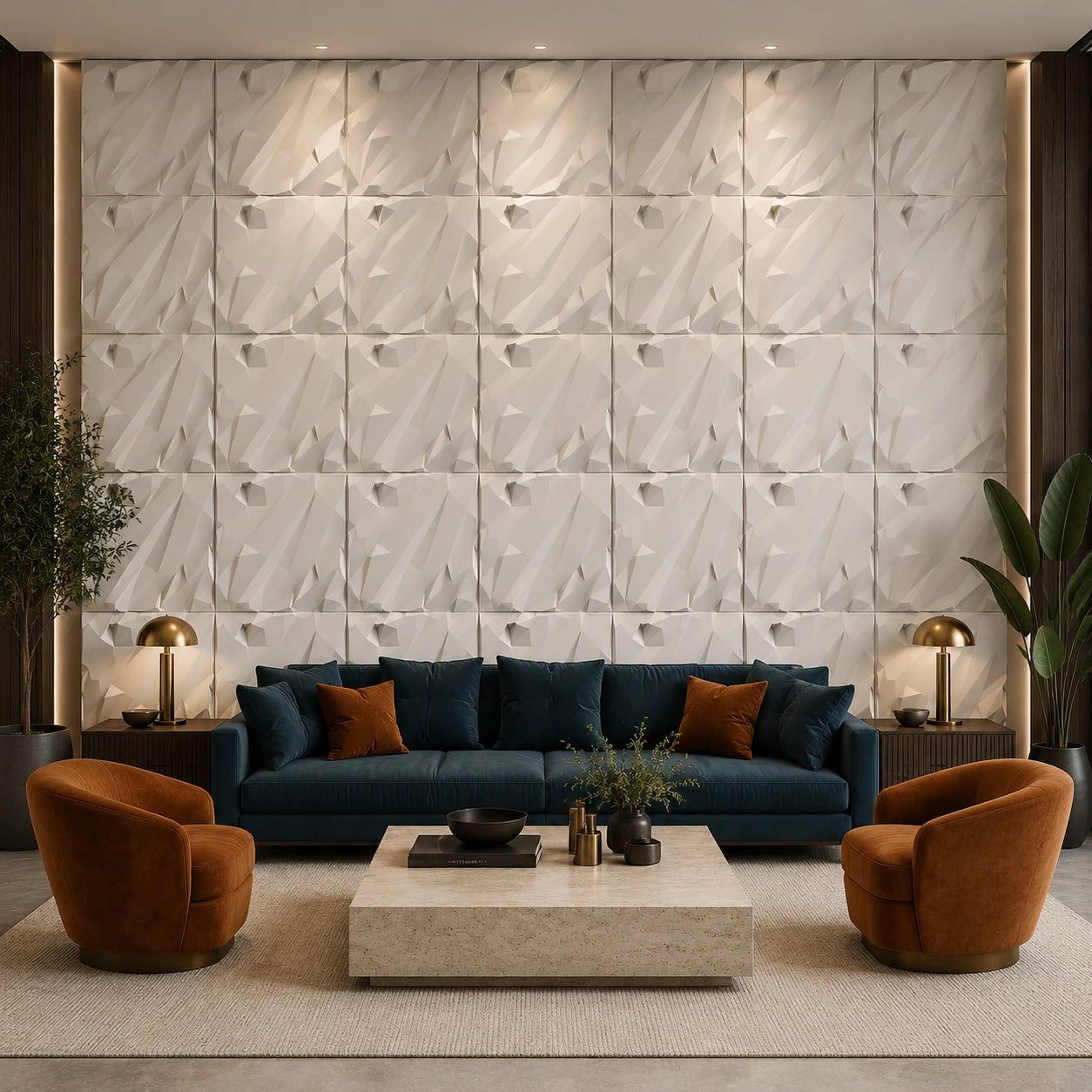 White Rushed Rock gypsum 3D wall panels with a rugged faceted pattern in an elegant modern living room