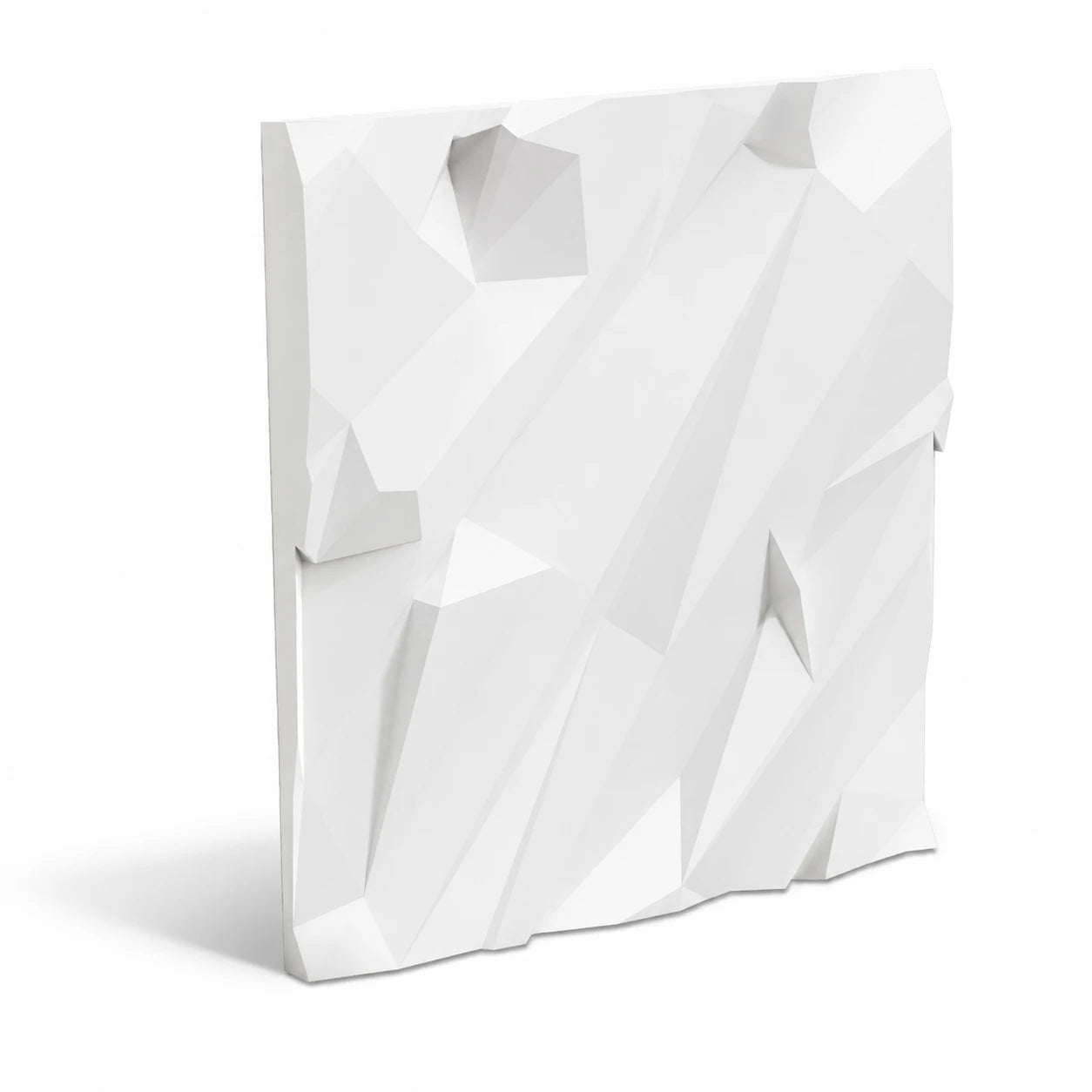 White Rushed Rock 50 × 50 cm gypsum 3D wall panel with an irregular faceted stone pattern
