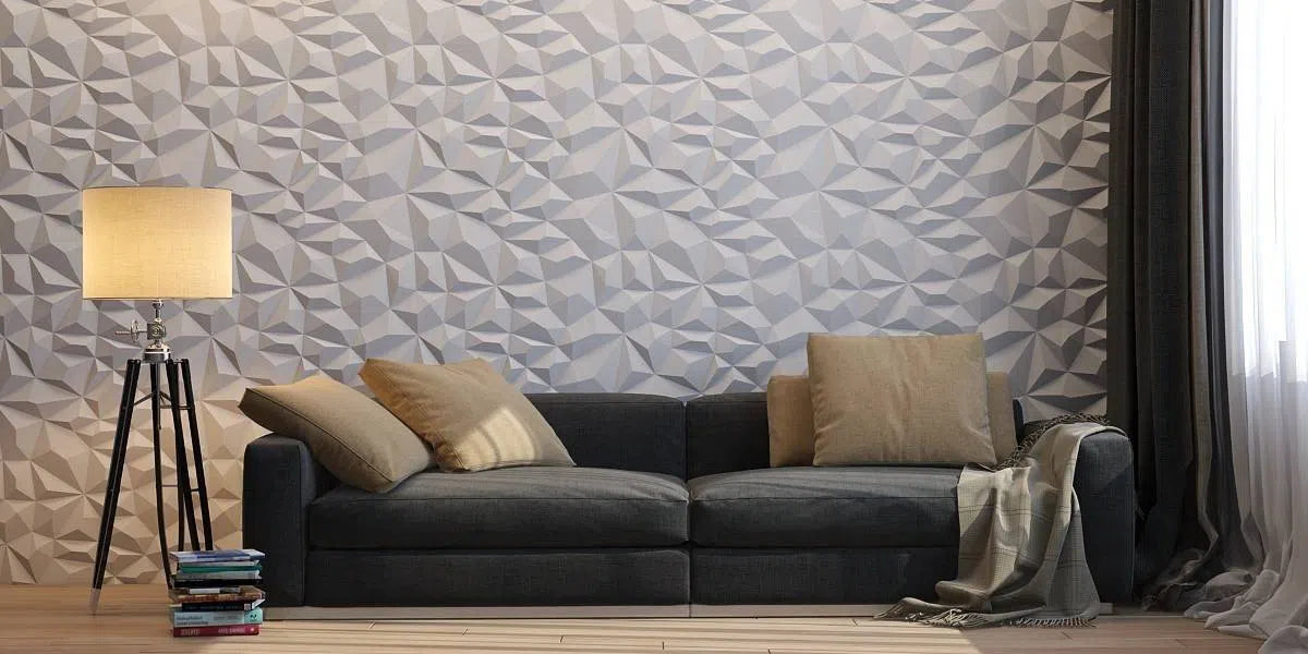 Model Rhinestone - 3D Gypsum Wall Panels in the living room wall, behind a dark sofa | DecorMania UK 