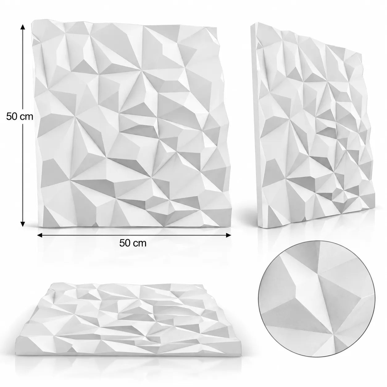 Rhinestone 3D gypsum wall panel shown from several angles, with 50 cm by 50 cm dimensions and a close detail of the relief