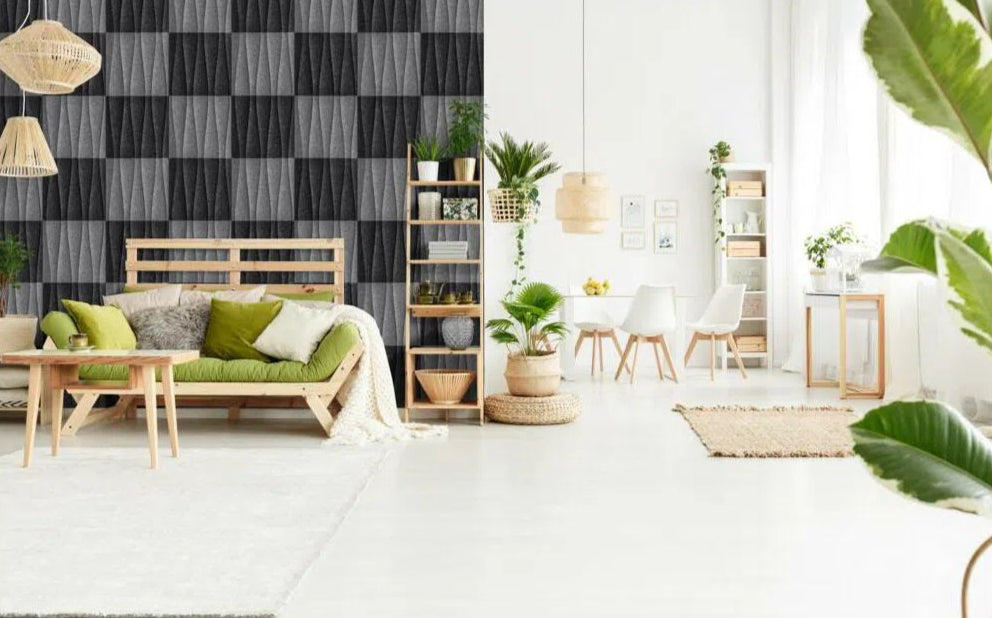 SANDGLASS 3D Acoustic Felt Wall Panels in living room interior BLACK Multipack Decormania UK