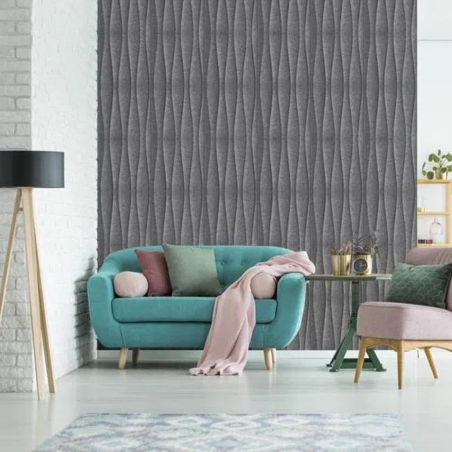 SANDGLASS 3D Acoustic Felt Wall Panels in living room interior GREY Multipack Decormania UK