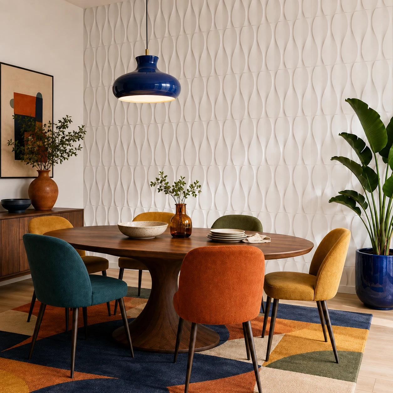 Colourful modern dining room with white SANDGLASS 3D polystyrene wall panels, an oval wooden table and vibrant chairs