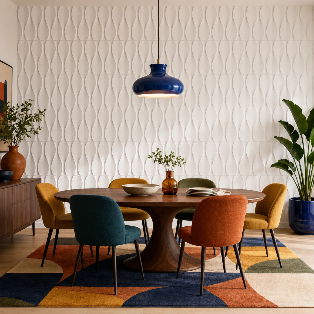 Front view of a colourful dining room featuring white SANDGLASS 3D wall panels and a sculptural blue pendant light