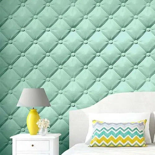 SOFT BUTTONS 3D Wall Art - Polystyrene Wall Panels Polystyrene Wall Panels behind a bed with a white nightstand, yellow lamp, and decorative cushions, creating a modern and cozy atmosphere | DecorMania UK 
