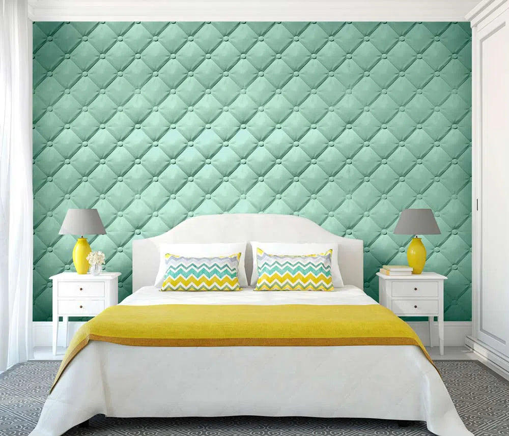 SOFT BUTTONS 3D Wall Art - Polystyrene Wall Panels behind a bed with a white nightstand, yellow lamp, and decorative cushions, creating a modern and cozy atmosphere | DecorMania UK