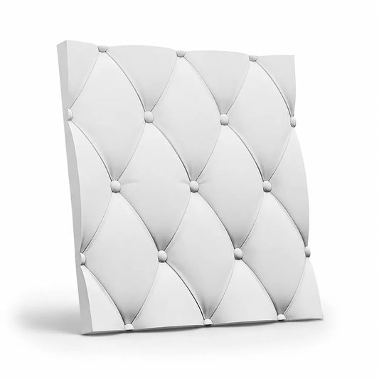 White Soft Buttons gypsum 3D wall panel with a sculpted diamond pattern and decorative buttons