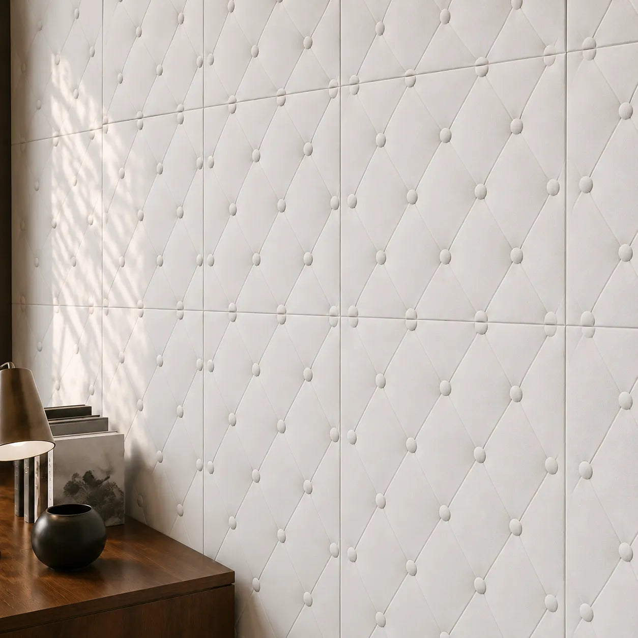 Close-up of white Soft Buttons gypsum 3D wall panels showing the raised buttons and diamond relief