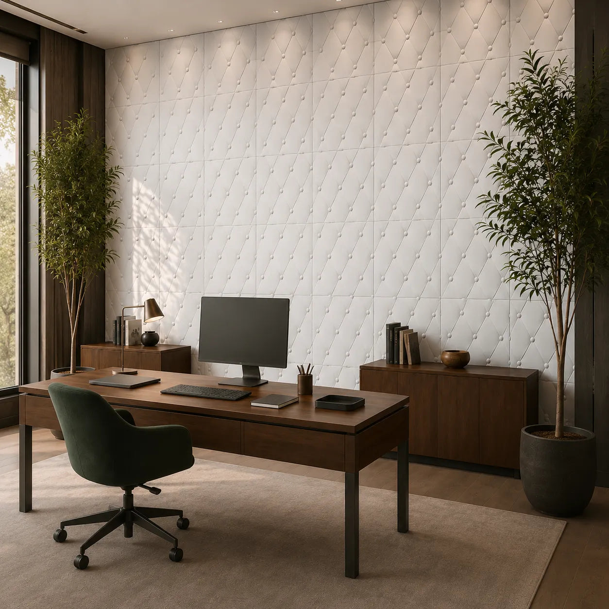 Angled view of white Soft Buttons 50 × 50 cm gypsum 3D wall panels in an elegant home office