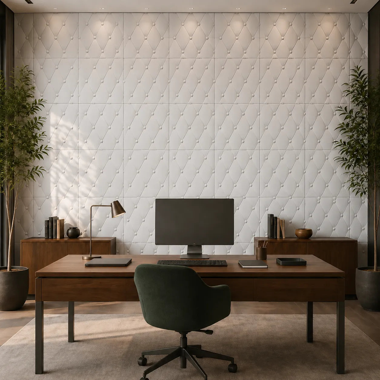 White Soft Buttons gypsum 3D wall panels with a button-tufted diamond pattern in a modern home office