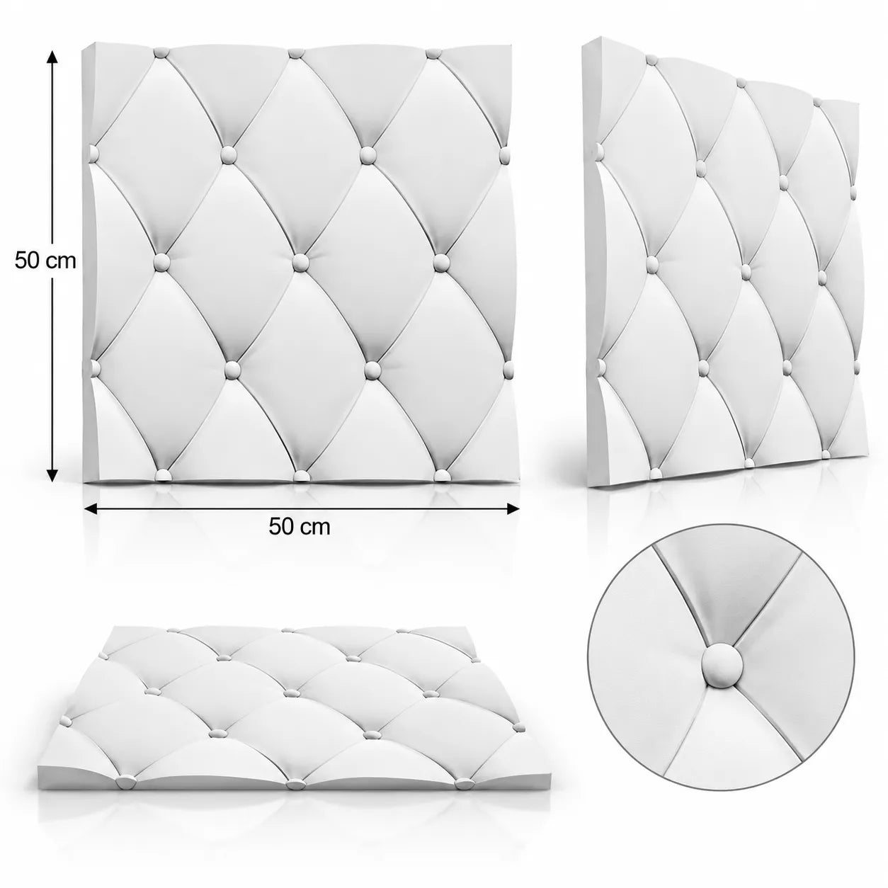 Soft Buttons 3D gypsum wall panel shown from several angles, with 50 cm by 50 cm dimensions and a close detail of the relief