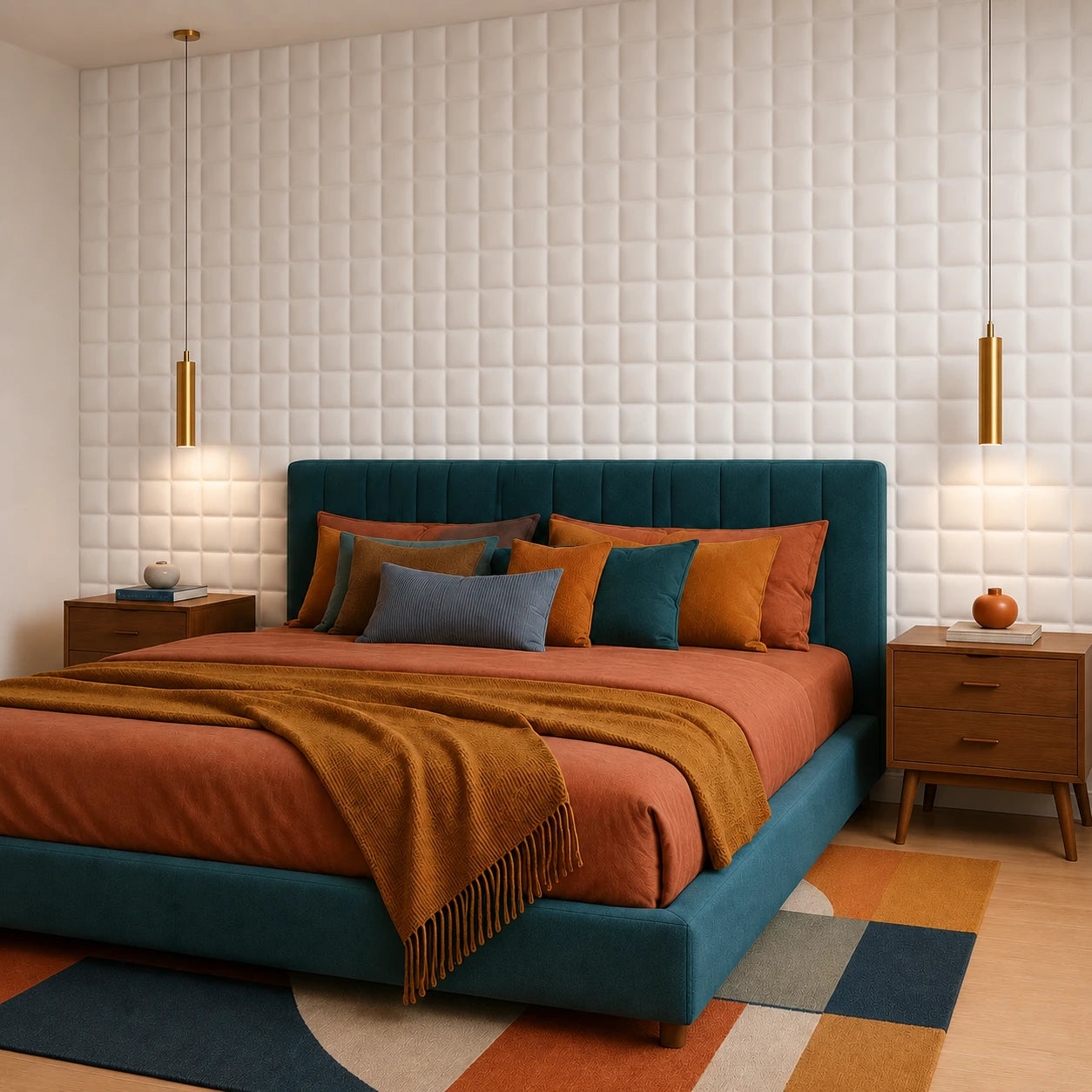 Modern colourful bedroom with white SQUARE 3D polystyrene wall panels, teal bed and warm terracotta bedding, viewed from the right