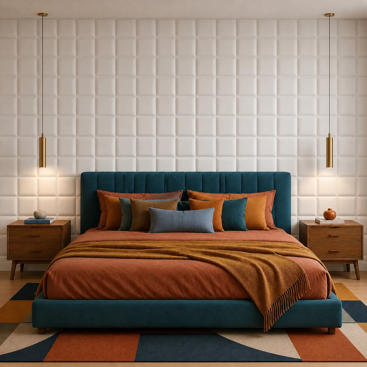 Front view of a modern bedroom featuring white rounded SQUARE 3D wall panels, a teal upholstered bed and colourful textiles