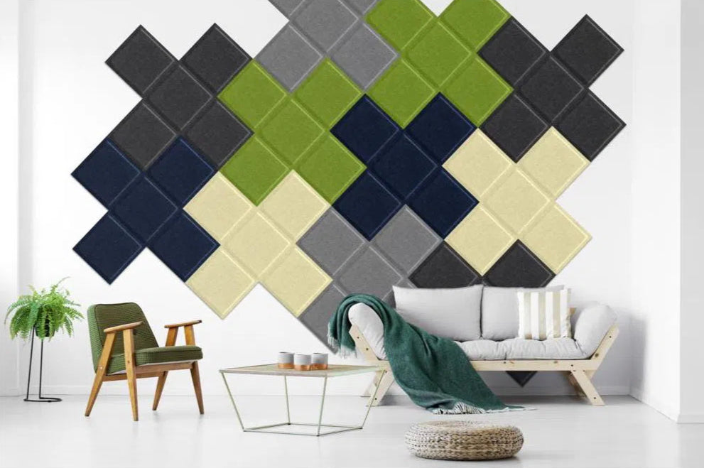 SQUARE BOLD 3D Acoustic Felt Wall Panels feature wall in white colour interior BLACK Multipack Decormania UK