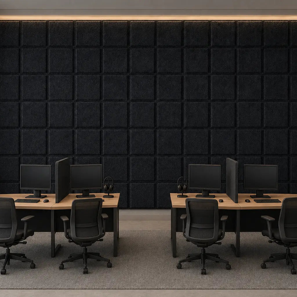 Front view of a call centre featuring black Square Bold acoustic panels, four desks and warm accent lighting