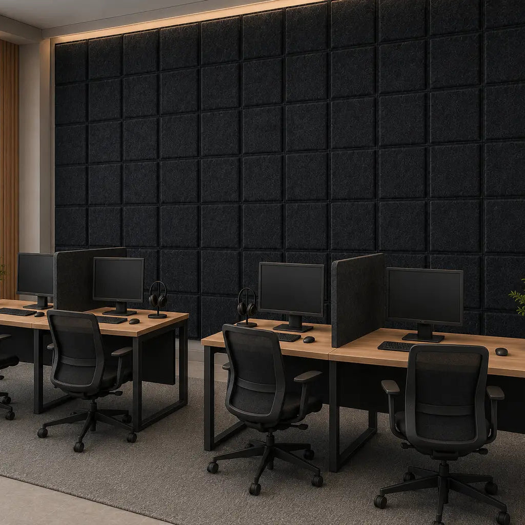 Angled view of a modern call centre with black 3D acoustic felt panels installed behind four workstations