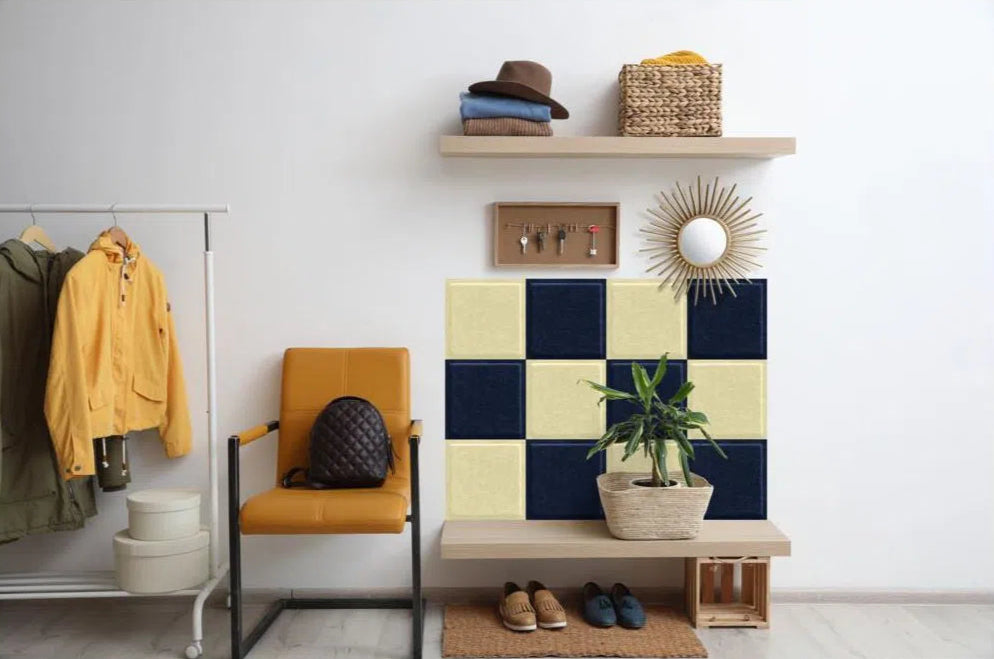 SQUARE BOLD 3D Acoustic Felt Wall Panels in hallway space CREAM Multipack Decormania UK