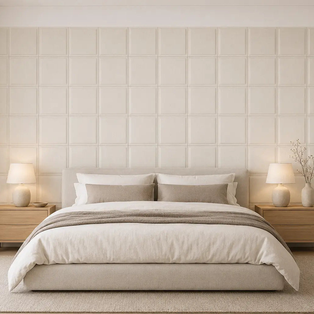 Front view of a bright bedroom with cream 3D acoustic felt panels arranged in a regular grid behind the bed