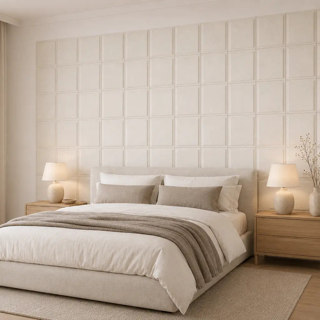 Angled view of a neutral bedroom featuring cream Square Bold 3D acoustic felt panels behind the bed