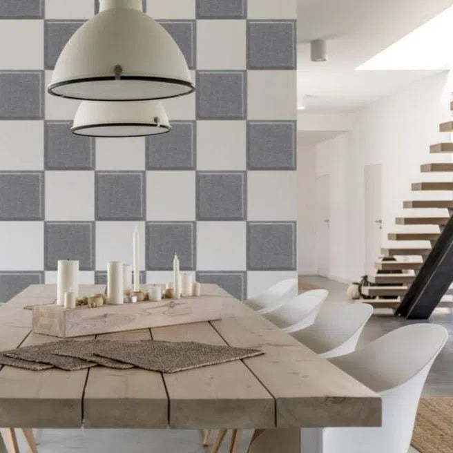 SQUARE BOLD 3D Acoustic Felt Wall Panels in dining room interior GREY Multipack Decormania UK