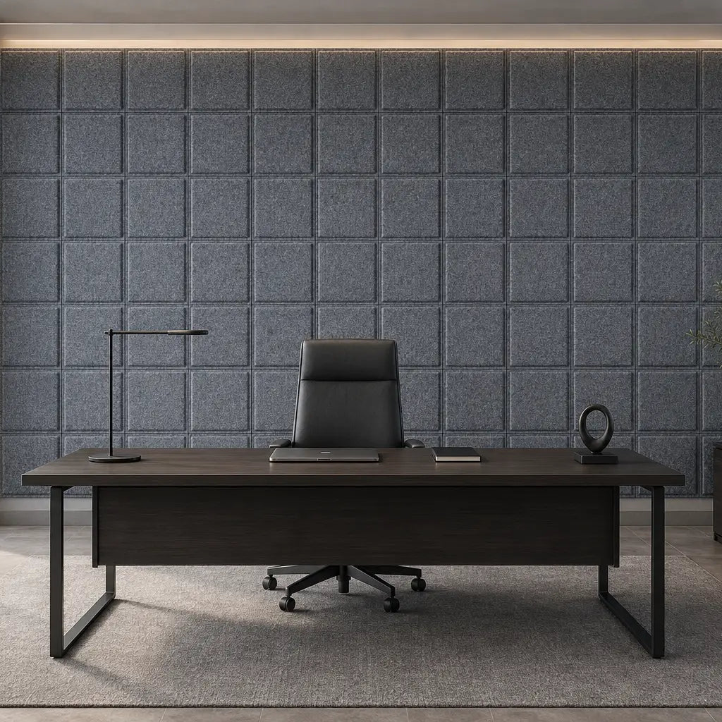 Front view of a modern executive office featuring grey 3D acoustic felt panels behind a dark wooden desk
