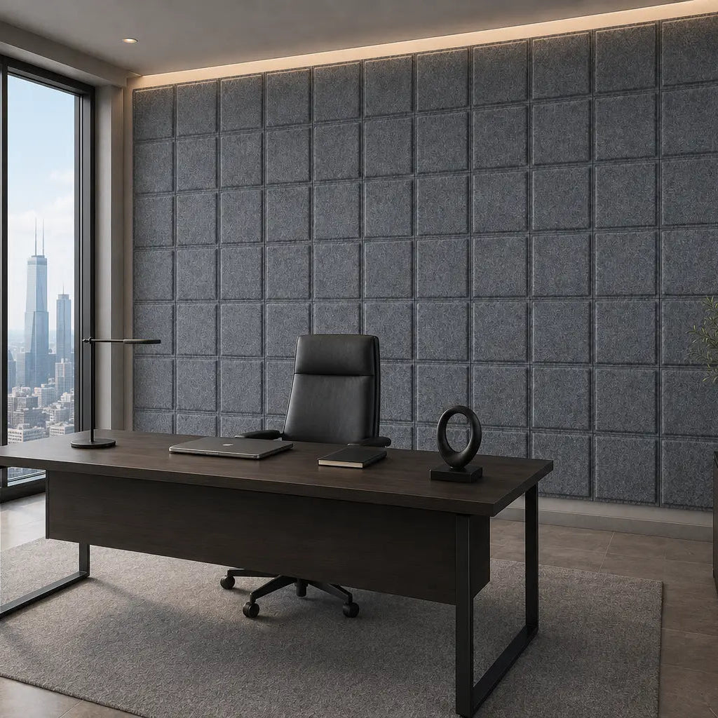 Angled view of an executive office with grey Square Bold 3D acoustic felt panels and floor-to-ceiling city windows
