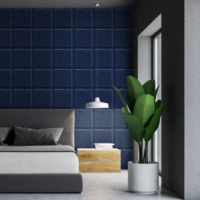 SQUARE BOLD 3D Acoustic Felt Wall Panels in bedroom interior NAVY Multipack Decormania UK