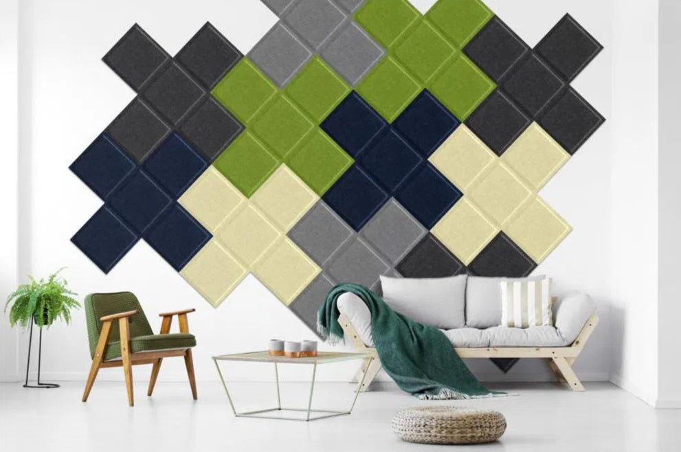 SQUARE BOLD 3D Acoustic Felt Wall Panels in light living room interior NAVY Multipack Decormania UK