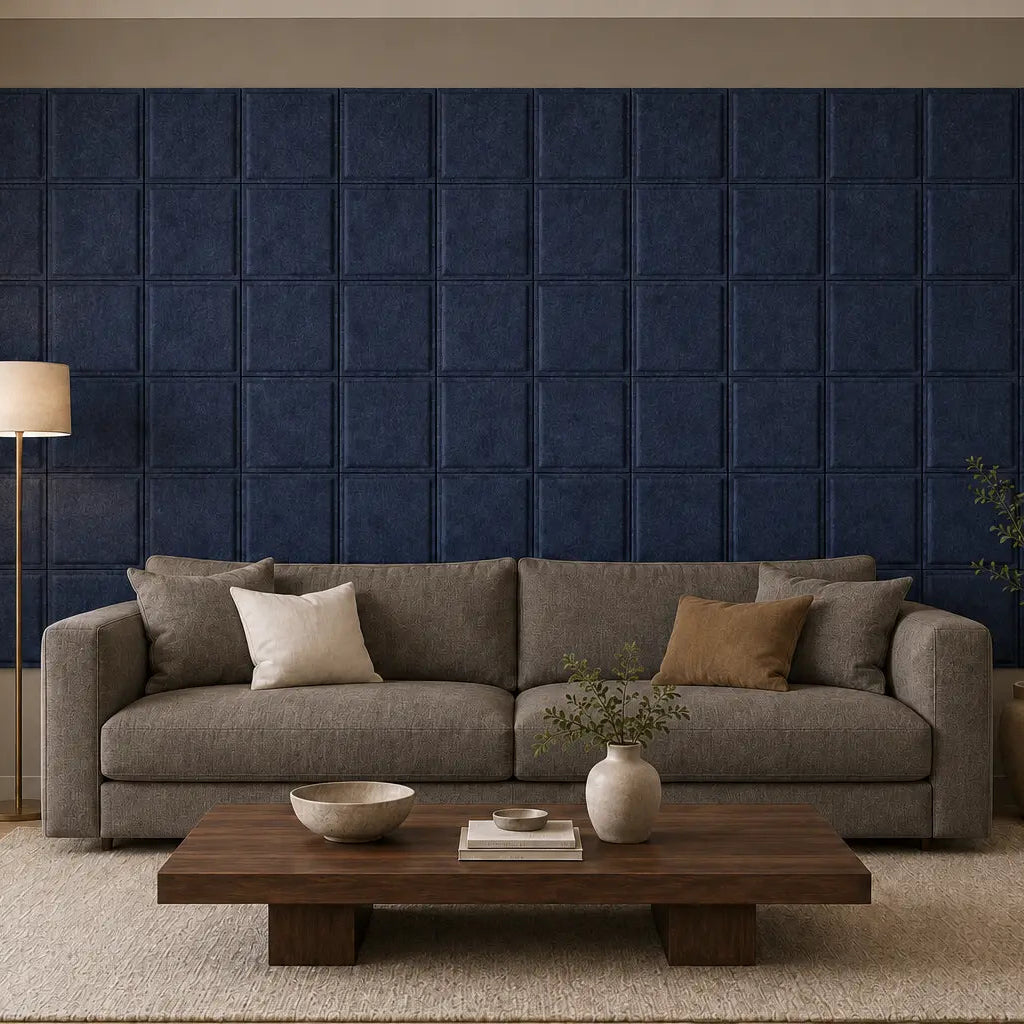 Front view of an elegant living room with navy Square Bold acoustic panels behind a dark taupe sofa