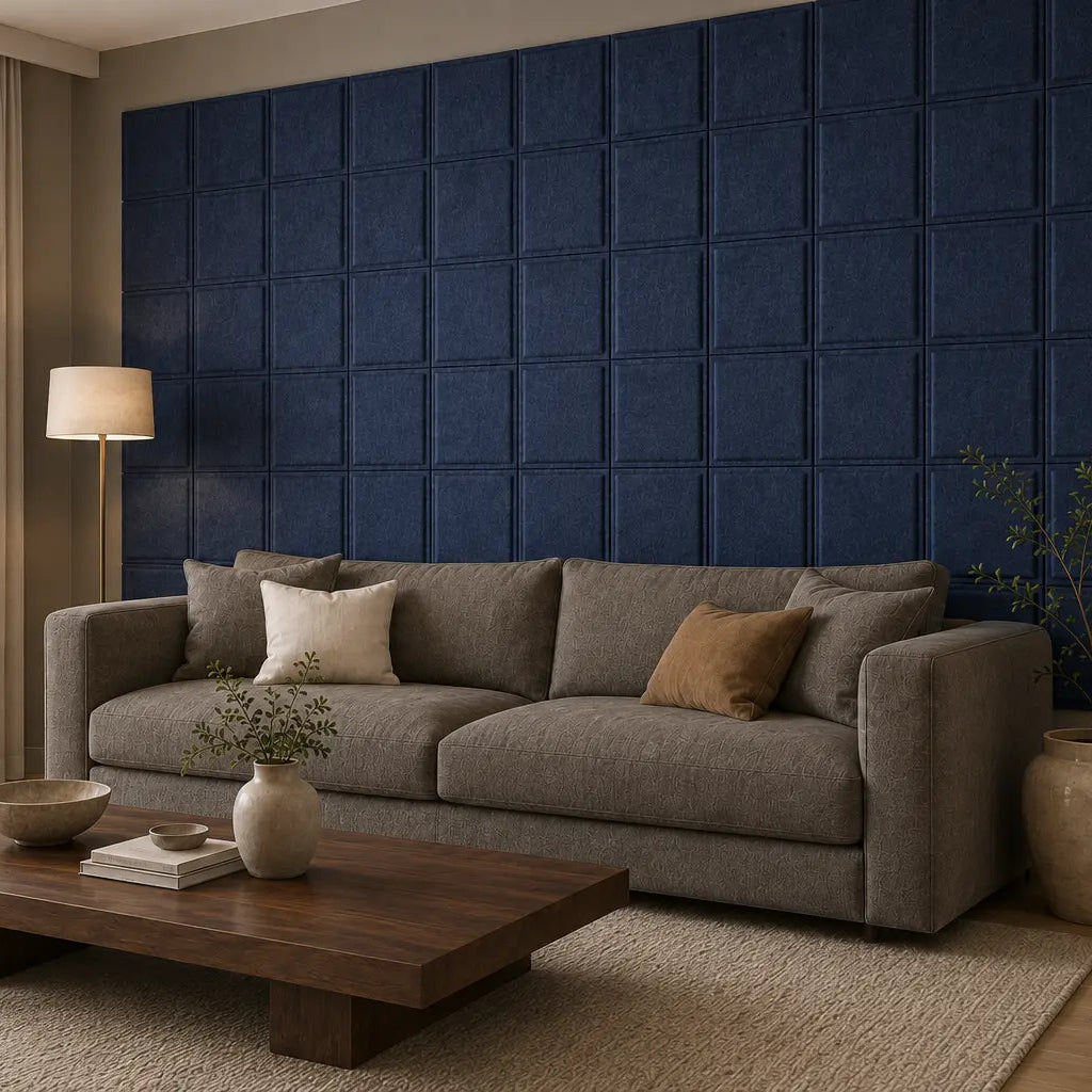 Angled view of a modern living room featuring navy 3D felt wall panels, a taupe sofa and a wooden coffee table