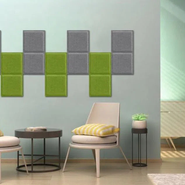 SQUARE BOLD 3D Acoustic Felt Wall Panels composition on grey wall OLIVE Multipack Decormania UK